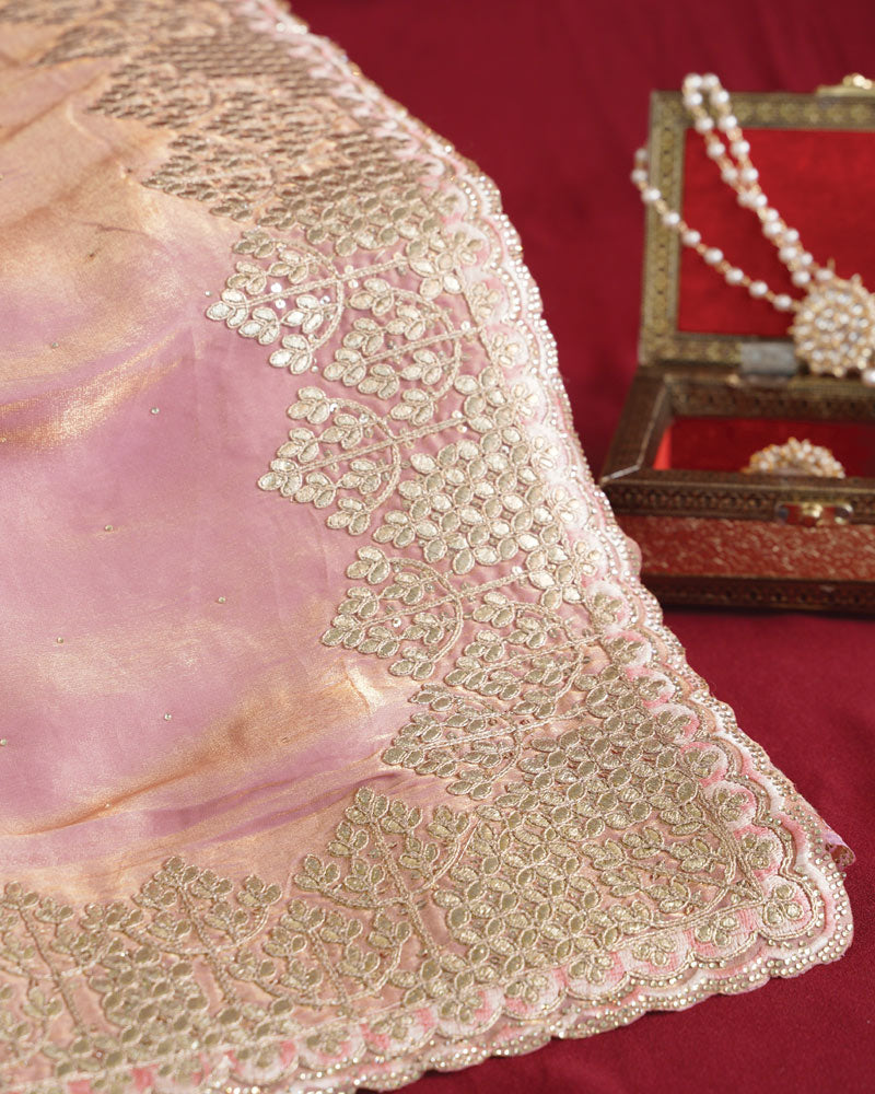 Vishal Prints Baby Pink Designer Fancy Satin Saree With Embroidery-Diamond Work And Cut Work Border