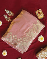 Vishal Prints Baby Pink Designer Fancy Satin Saree With Embroidery-Diamond Work And Cut Work Border