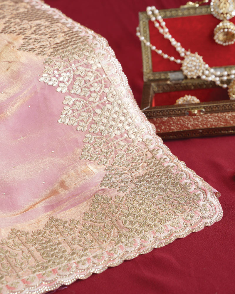 Vishal Prints Baby Pink Designer Fancy Satin Saree With Embroidery-Diamond Work And Cut Work Border