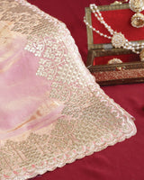 Vishal Prints Baby Pink Designer Fancy Satin Saree With Embroidery-Diamond Work And Cut Work Border