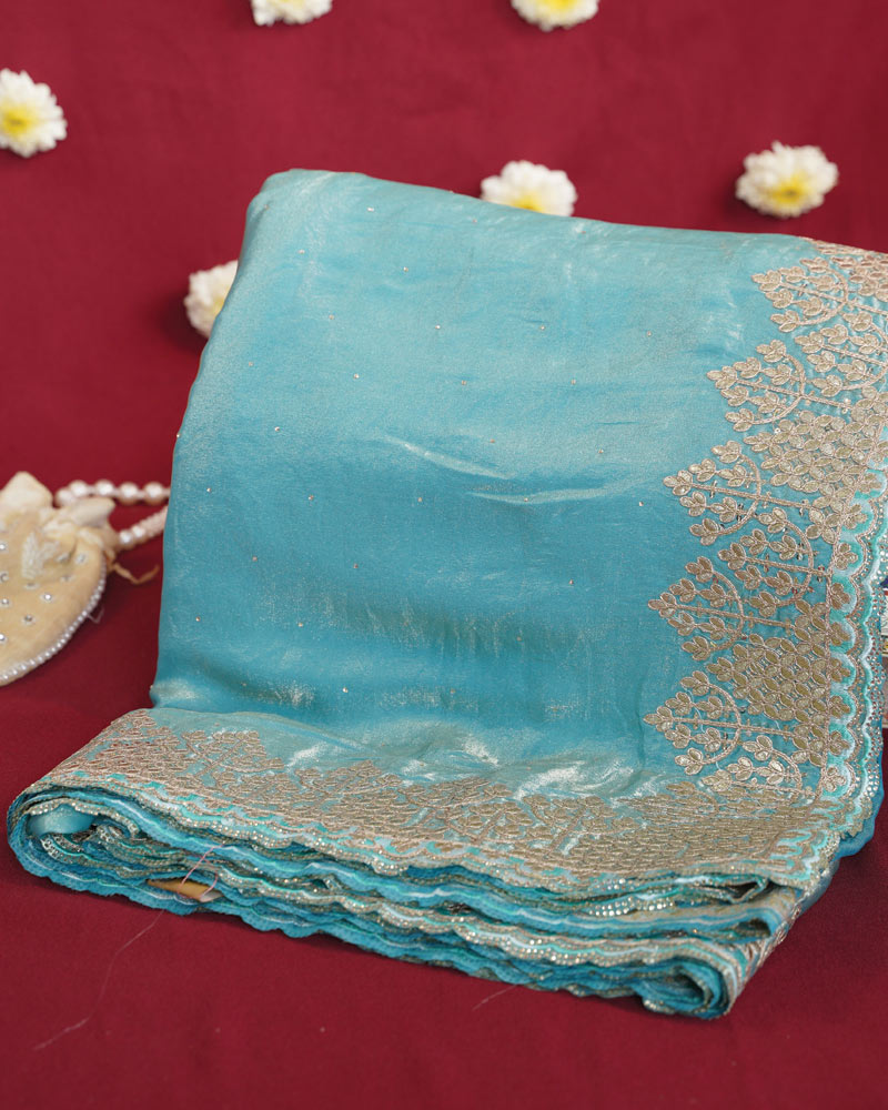 Vishal Prints Turquoise Blue Designer Fancy Satin Saree With Embroidery-Diamond Work And Cut Work Border