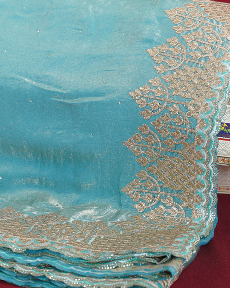Vishal Prints Turquoise Blue Designer Fancy Satin Saree With Embroidery-Diamond Work And Cut Work Border