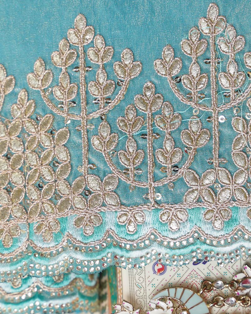 Vishal Prints Turquoise Blue Designer Fancy Satin Saree With Embroidery-Diamond Work And Cut Work Border