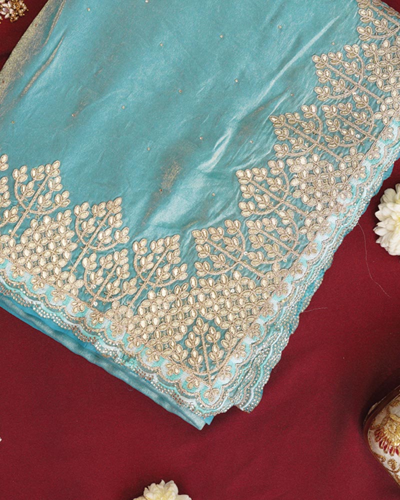Vishal Prints Turquoise Blue Designer Fancy Satin Saree With Embroidery-Diamond Work And Cut Work Border