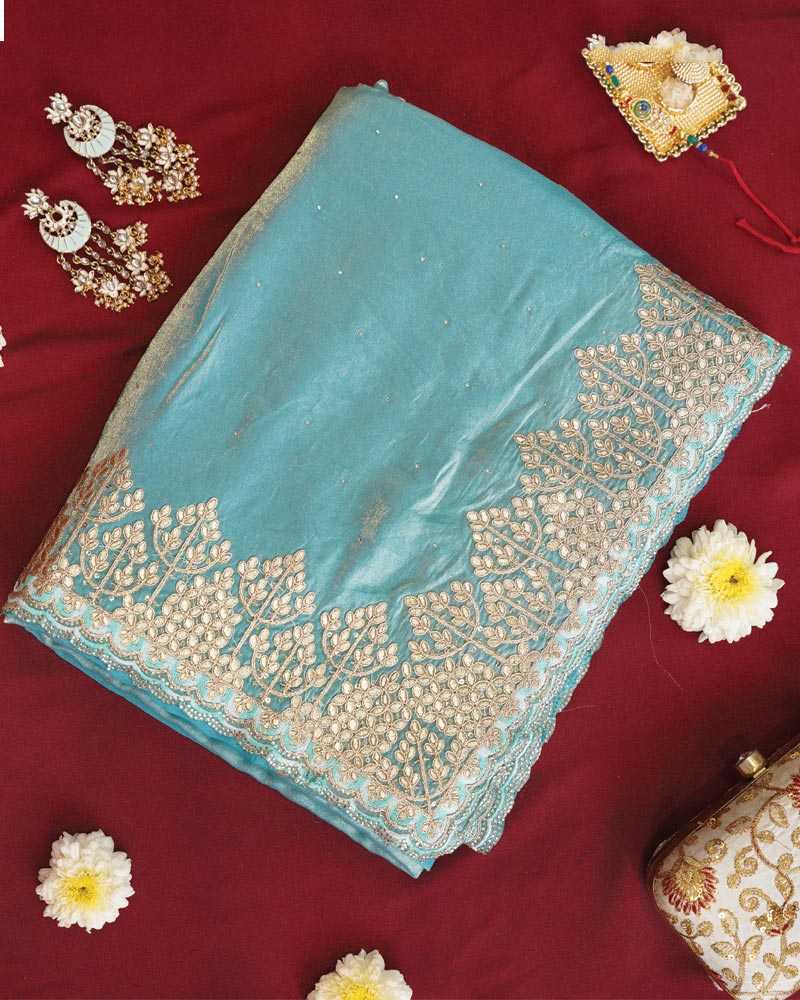 Vishal Prints Turquoise Blue Designer Fancy Satin Saree With Embroidery-Diamond Work And Cut Work Border