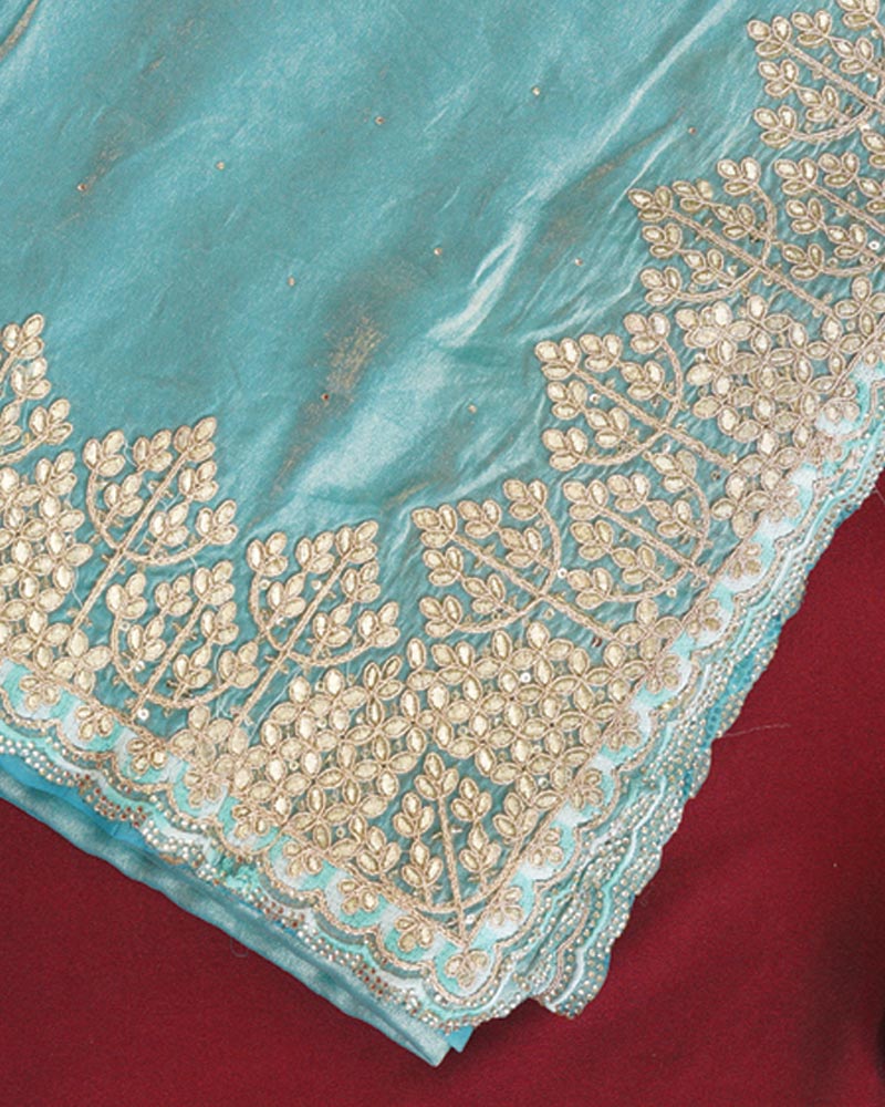 Vishal Prints Turquoise Blue Designer Fancy Satin Saree With Embroidery-Diamond Work And Cut Work Border