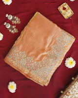 Vishal Prints Pastel Orange Designer Fancy Satin Saree With Embroidery-Diamond Work And Cut Work Border