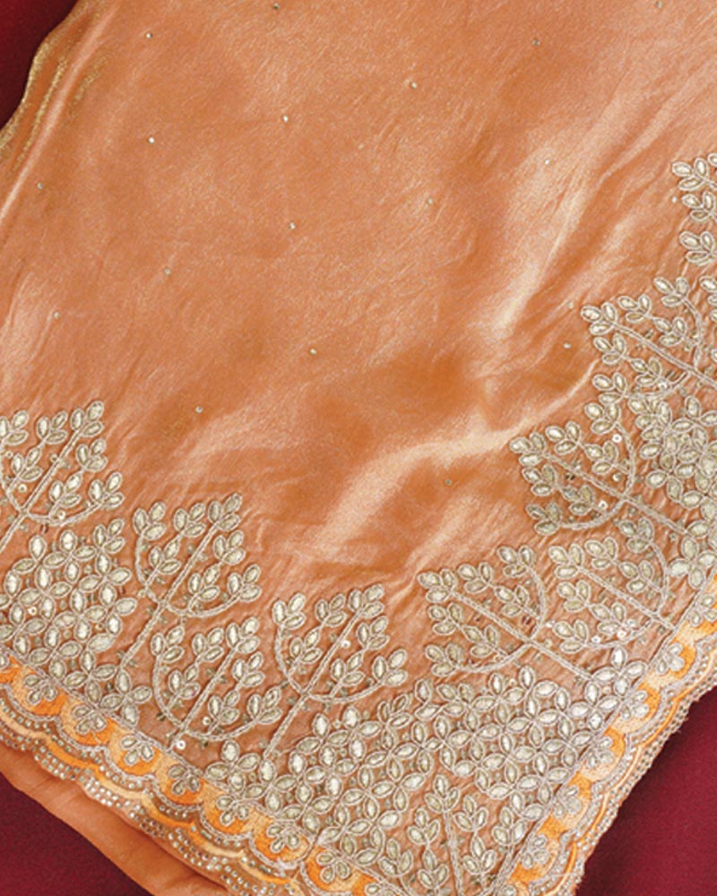Vishal Prints Pastel Orange Designer Fancy Satin Saree With Embroidery-Diamond Work And Cut Work Border