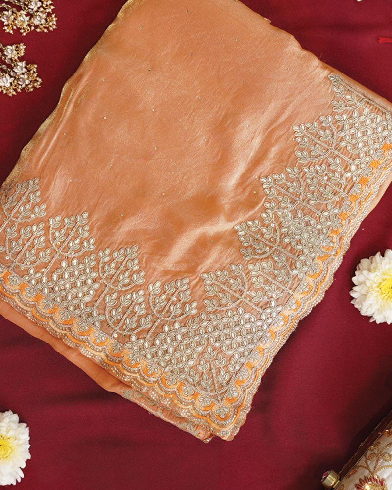 Vishal Prints Pastel Orange Designer Fancy Satin Saree With Embroidery-Diamond Work And Cut Work Border