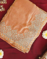 Vishal Prints Pastel Orange Designer Fancy Satin Saree With Embroidery-Diamond Work And Cut Work Border