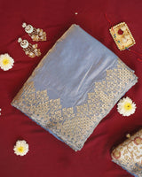 Vishal Prints Greyish Blue Designer Fancy Satin Saree With Embroidery-Diamond Work And Cut Work Border
