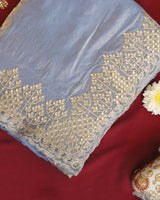 Vishal Prints Greyish Blue Designer Fancy Satin Saree With Embroidery-Diamond Work And Cut Work Border