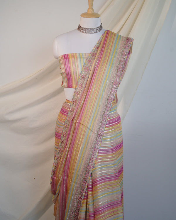 Multicolored Designer Viscose Saree With Zari Lining, Embroidery-Diamond Work And Fancy Border