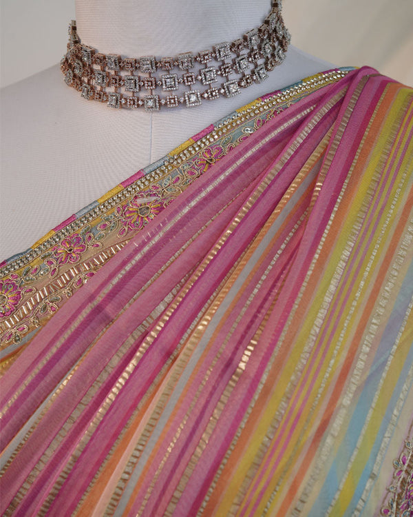 Multicolored Designer Viscose Saree With Zari Lining, Embroidery-Diamond Work And Fancy Border