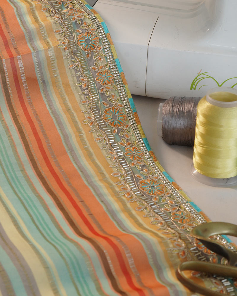 Multicolored Designer Viscose Saree With Zari Lining, Embroidery-Diamond Work And Fancy Border