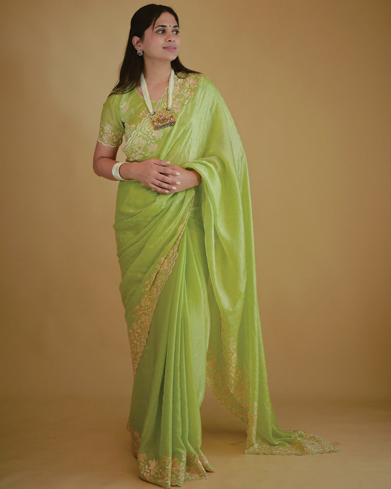 Vishal Prints Pastel Olive Green Designer Fancy Satin Saree With Embroidery-Diamond Work And Cut Work Border