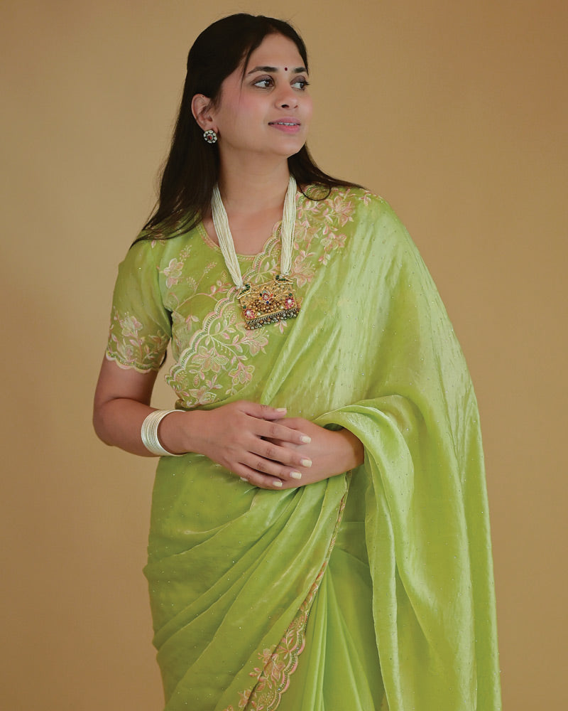 Vishal Prints Pastel Olive Green Designer Fancy Satin Saree With Embroidery-Diamond Work And Cut Work Border