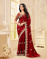 Dark Brick Red Designer Fancy Chiffon Saree With Zari-Embroidery-Diamond Work And Cut Work Border