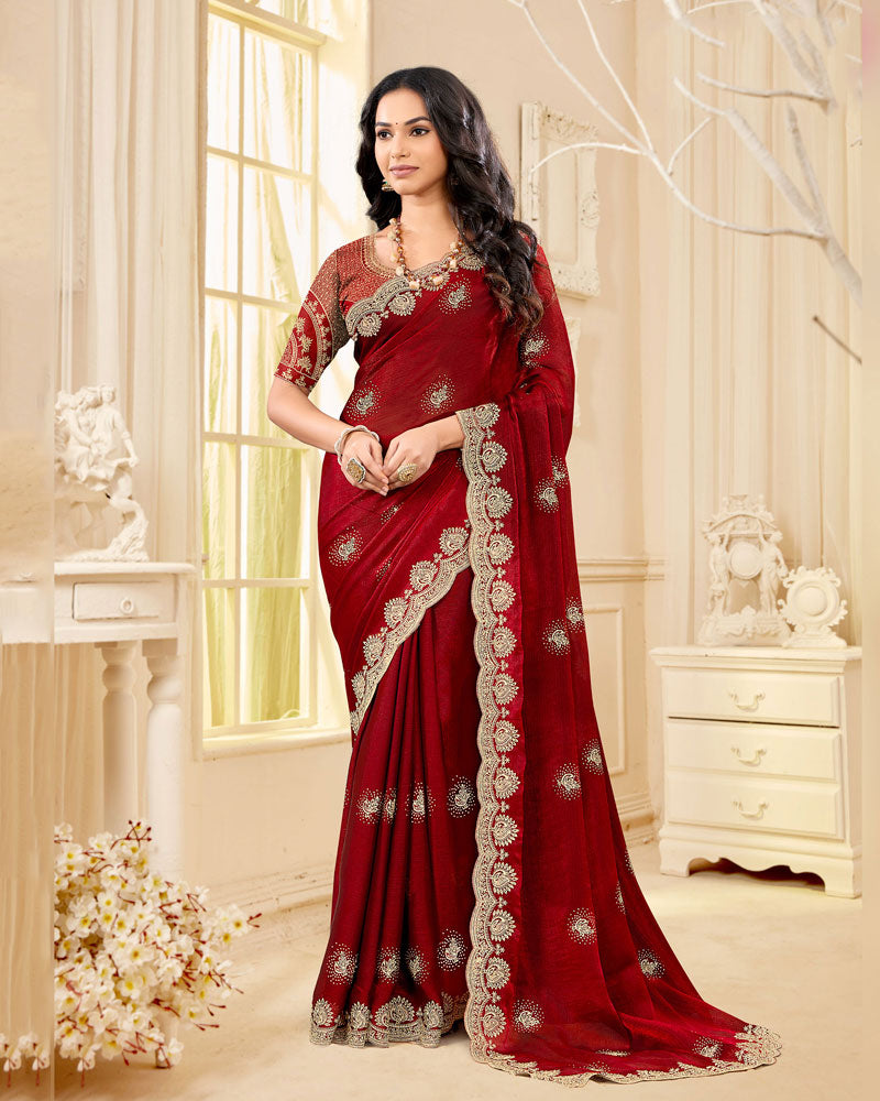Dark Brick Red Designer Fancy Chiffon Saree With Zari-Embroidery-Diamond Work And Cut Work Border