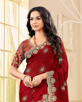 Dark Brick Red Designer Fancy Chiffon Saree With Zari-Embroidery-Diamond Work And Cut Work Border