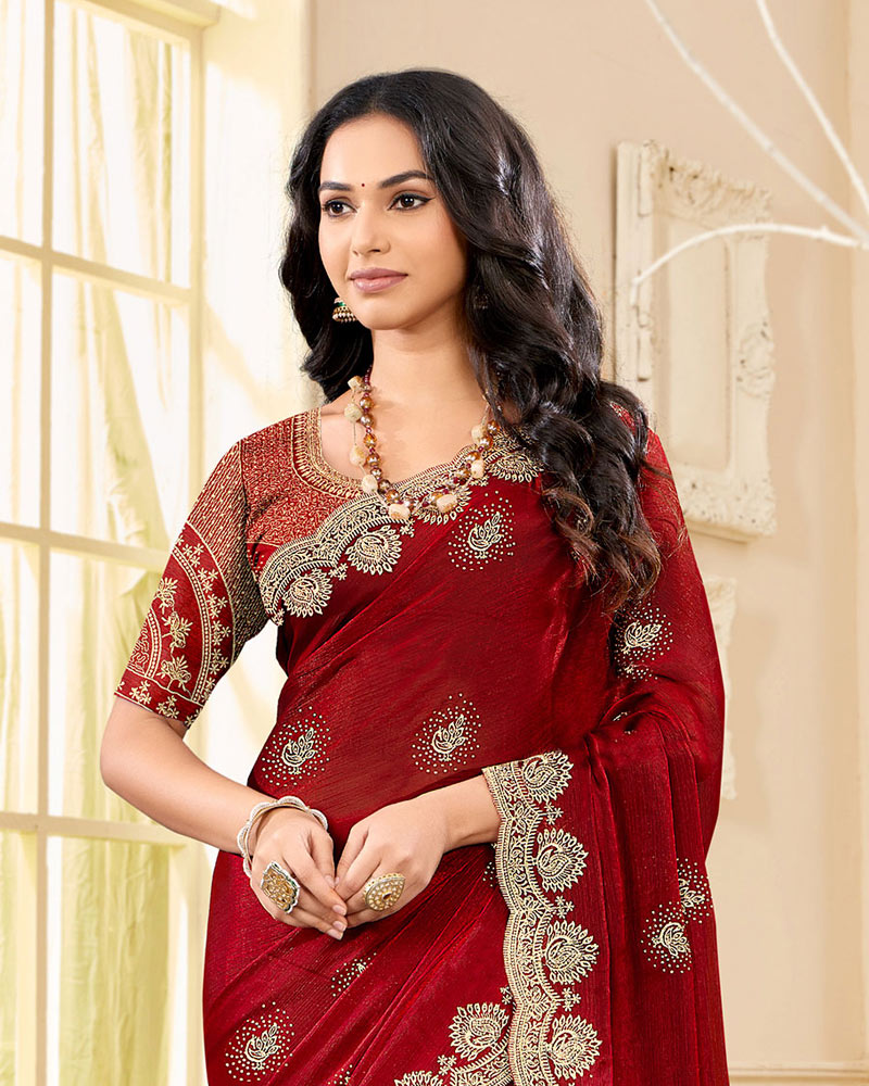 Dark Brick Red Designer Fancy Chiffon Saree With Zari-Embroidery-Diamond Work And Cut Work Border