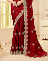 Dark Brick Red Designer Fancy Chiffon Saree With Zari-Embroidery-Diamond Work And Cut Work Border
