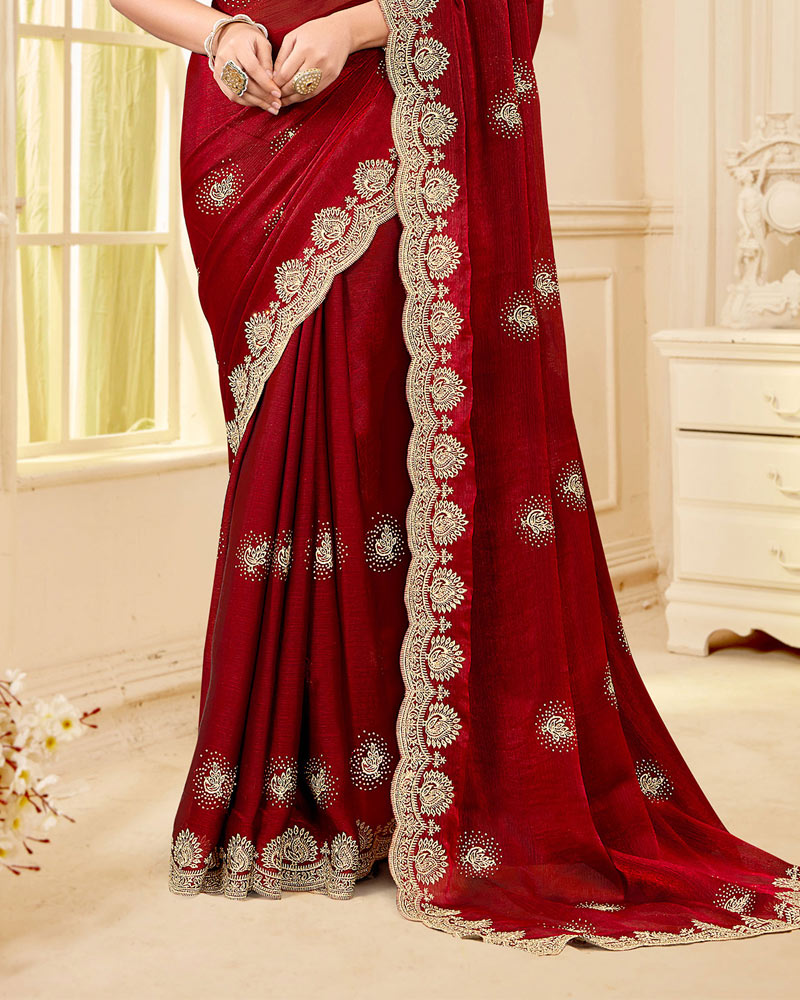 Dark Brick Red Designer Fancy Chiffon Saree With Zari-Embroidery-Diamond Work And Cut Work Border