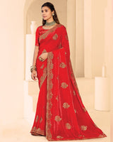 Vishal Prints Venetian Red Designer Fancy Satin Saree With Zari-Embroidery Work And Cut Work Border