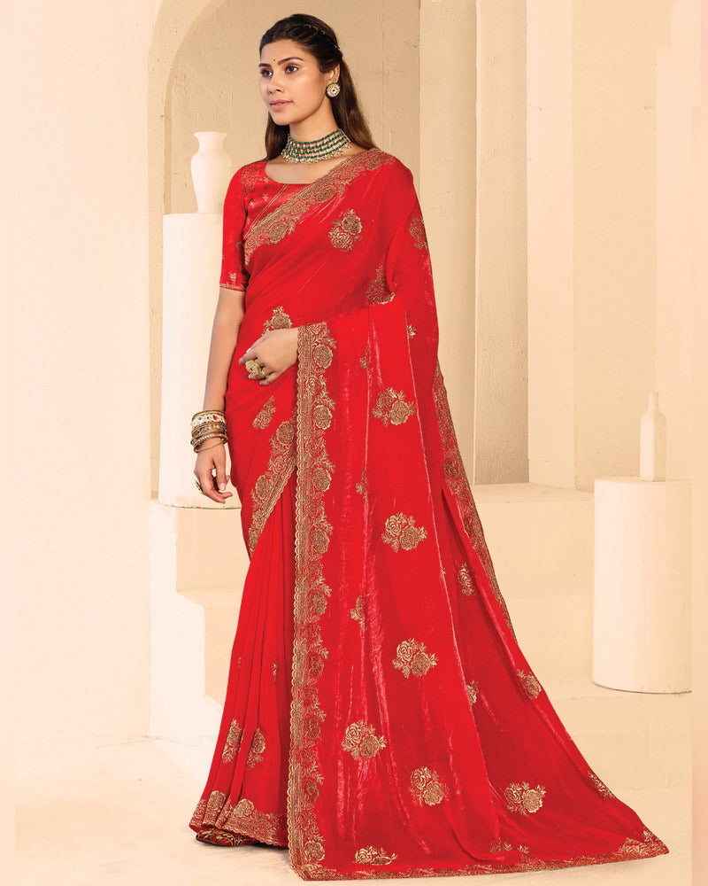 Vishal Prints Venetian Red Designer Fancy Satin Saree With Zari-Embroidery Work And Cut Work Border