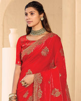 Vishal Prints Venetian Red Designer Fancy Satin Saree With Zari-Embroidery Work And Cut Work Border