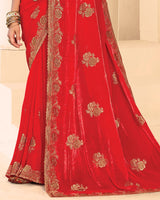 Vishal Prints Venetian Red Designer Fancy Satin Saree With Zari-Embroidery Work And Cut Work Border