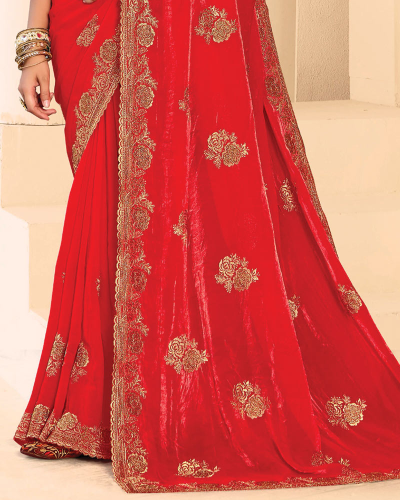 Vishal Prints Venetian Red Designer Fancy Satin Saree With Zari-Embroidery Work And Cut Work Border