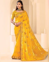 Vishal Prints Golden Yellow Designer Fancy Satin Saree With Zari-Embroidery Work And Cut Work Border