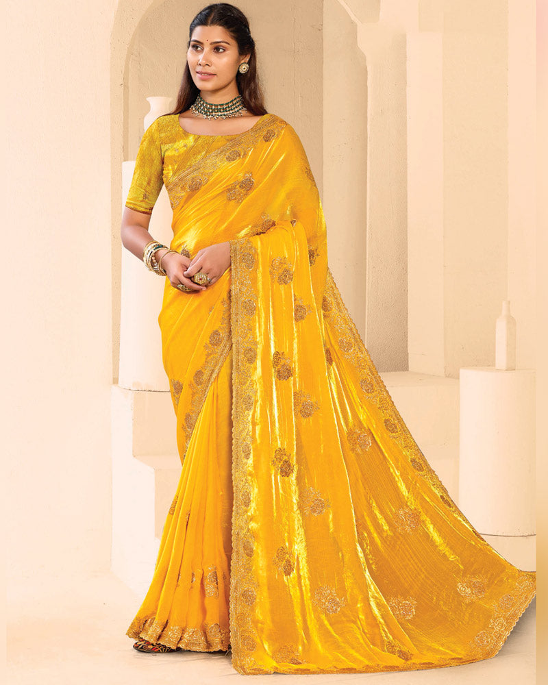Vishal Prints Golden Yellow Designer Fancy Satin Saree With Zari-Embroidery Work And Cut Work Border