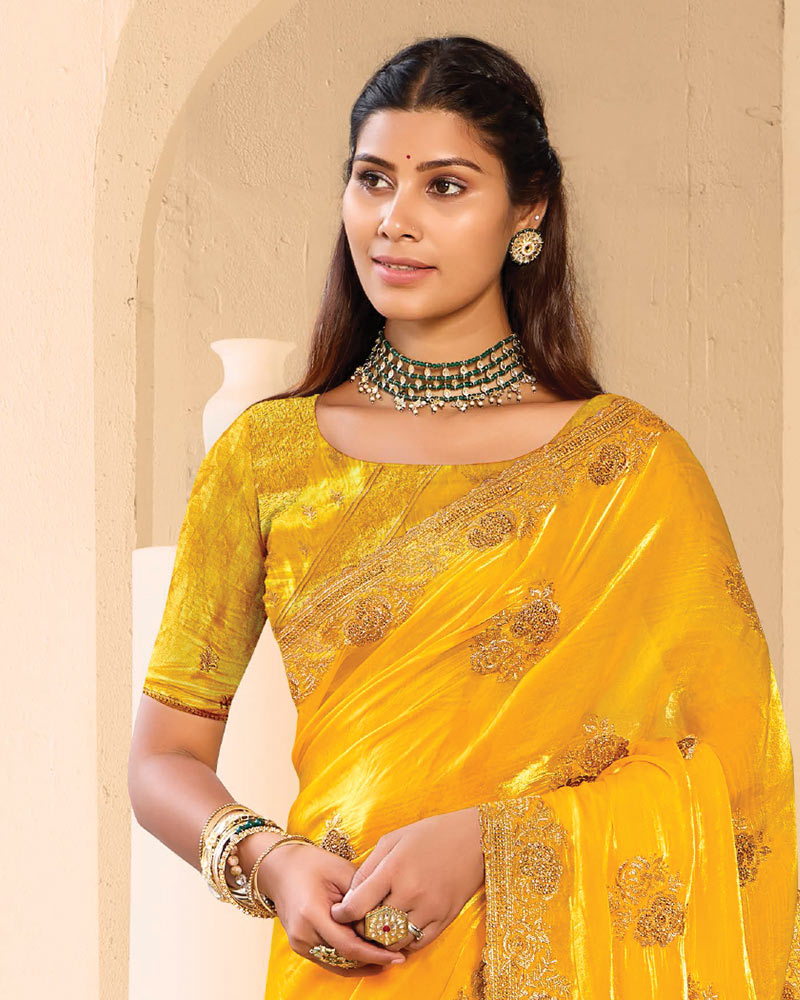Vishal Prints Golden Yellow Designer Fancy Satin Saree With Zari-Embroidery Work And Cut Work Border