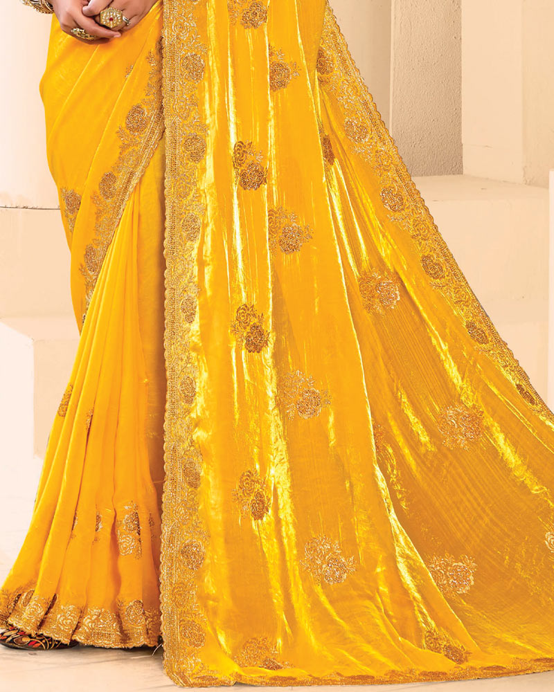Vishal Prints Golden Yellow Designer Fancy Satin Saree With Zari-Embroidery Work And Cut Work Border