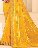Vishal Prints Golden Yellow Designer Fancy Satin Saree With Zari-Embroidery Work And Cut Work Border