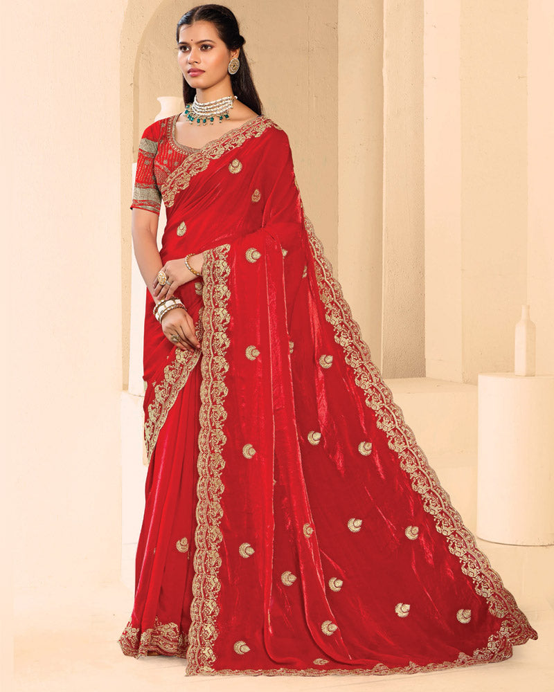 Vishal Prints Venetian Red Designer Fancy Satin Saree With Zari-Embroidery Work And Cut Work Border