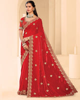 Vishal Prints Venetian Red Designer Fancy Satin Saree With Zari-Embroidery Work And Cut Work Border