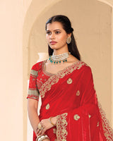 Vishal Prints Venetian Red Designer Fancy Satin Saree With Zari-Embroidery Work And Cut Work Border