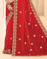 Vishal Prints Venetian Red Designer Fancy Satin Saree With Zari-Embroidery Work And Cut Work Border