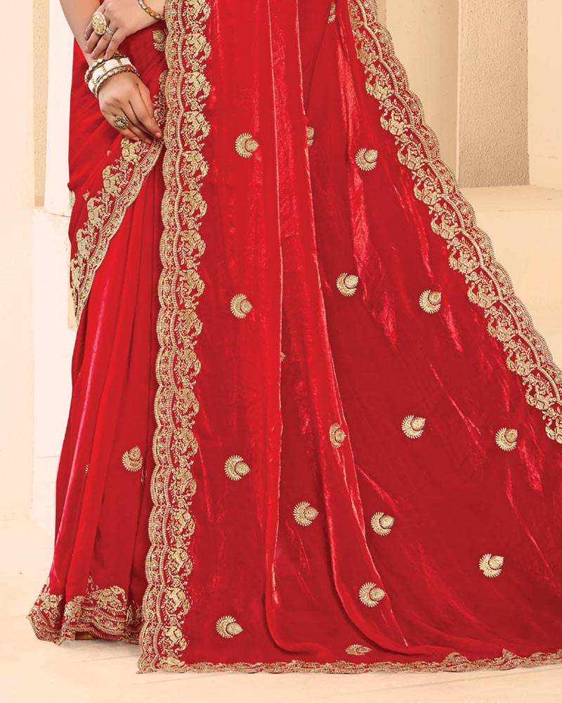 Vishal Prints Venetian Red Designer Fancy Satin Saree With Zari-Embroidery Work And Cut Work Border