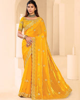 Vishal Prints Golden Yellow Designer Fancy Satin Saree With Zari-Embroidery Work And Cut Work Border