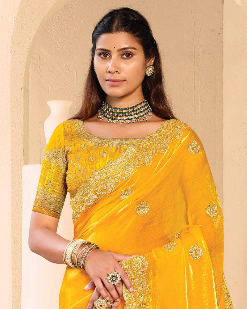 Vishal Prints Golden Yellow Designer Fancy Satin Saree With Zari-Embroidery Work And Cut Work Border