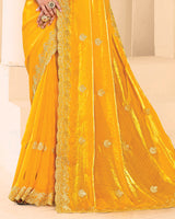 Vishal Prints Golden Yellow Designer Fancy Satin Saree With Zari-Embroidery Work And Cut Work Border
