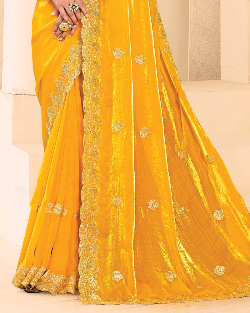 Vishal Prints Golden Yellow Designer Fancy Satin Saree With Zari-Embroidery Work And Cut Work Border
