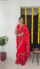 Vishal Prints Venetian Red Designer Fancy Satin Saree With Zari-Embroidery Work And Cut Work Border