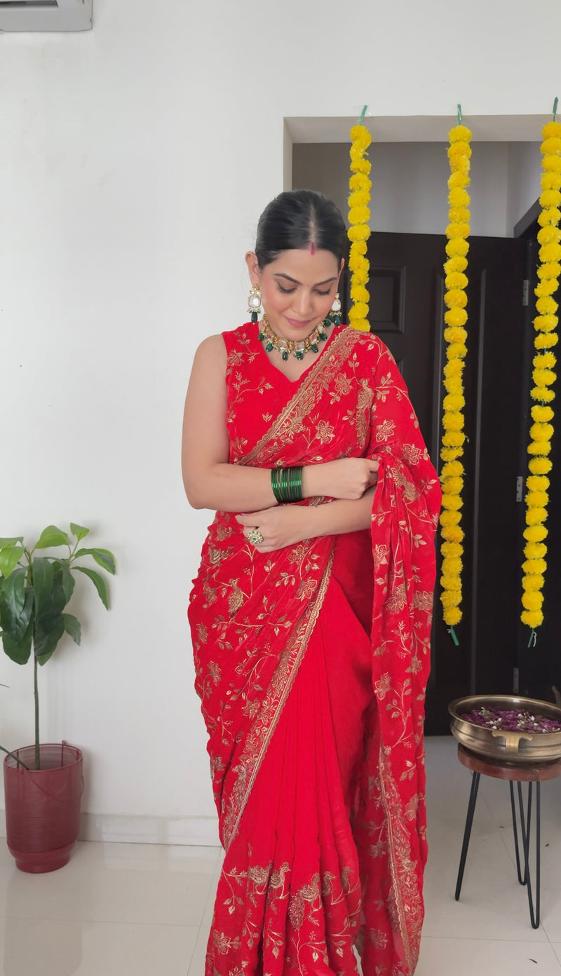 Vishal Prints Venetian Red Designer Fancy Satin Saree With Zari-Embroidery Work And Cut Work Border