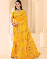 Vishal Prints Golden Yellow Designer Fancy Satin Saree With Zari-Embroidery Work And Cut Work Border