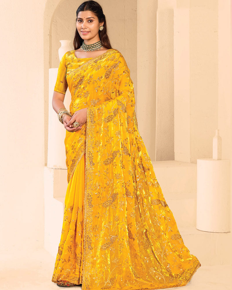 Vishal Prints Golden Yellow Designer Fancy Satin Saree With Zari-Embroidery Work And Cut Work Border